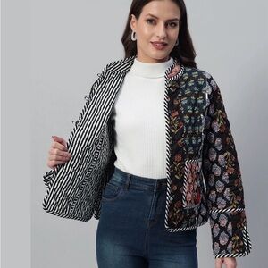 Reversible Kantha Floral Jacket in Black with Multicolor Embroidery